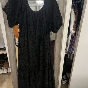 Black lace dress. Thickets lace overlay. Long maxi length